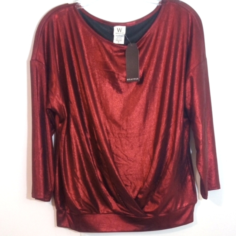WRAPPER SHIMMERING RED DRAPED FRONT 3/4 SLEEVE BLOUSE SIZE MEDIUM NWT - Picture 1 of 3